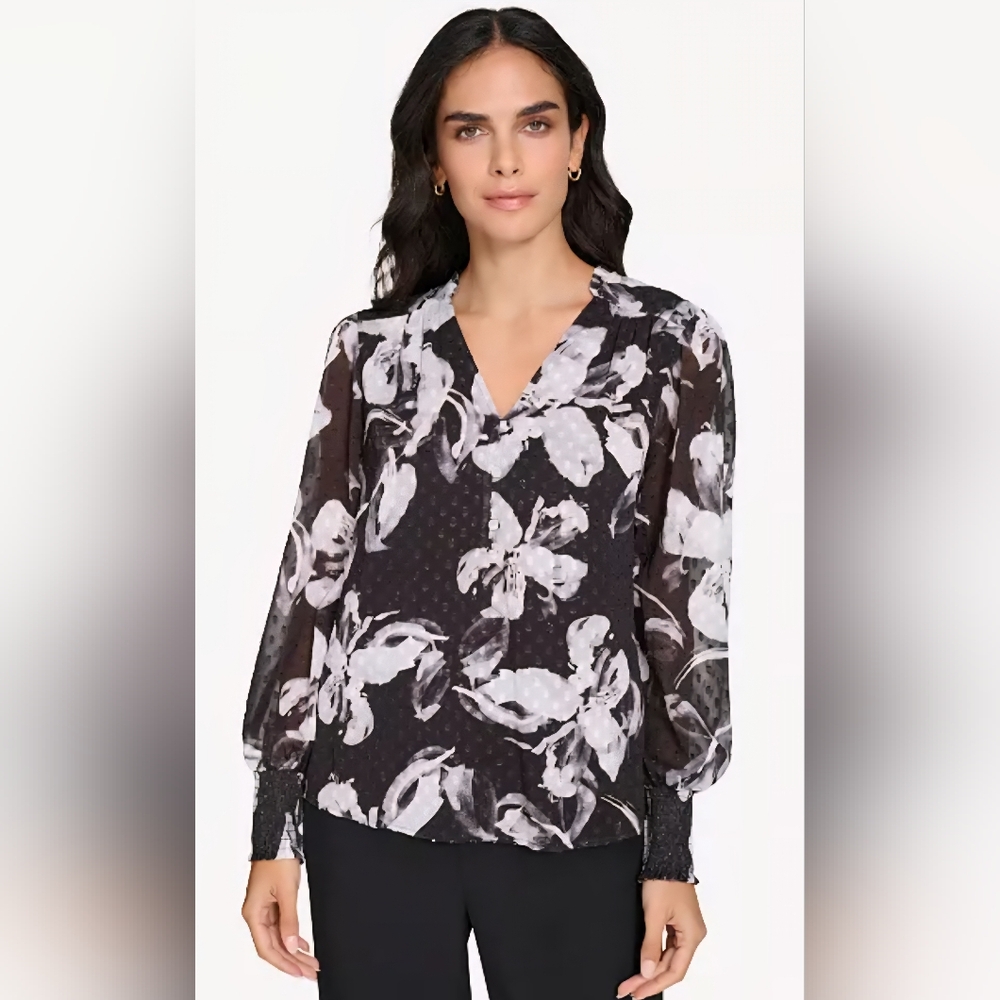 Womens Calvin Klein Floral Long Sleeve V Neck Chiffron Blouse Large MSRP  $89